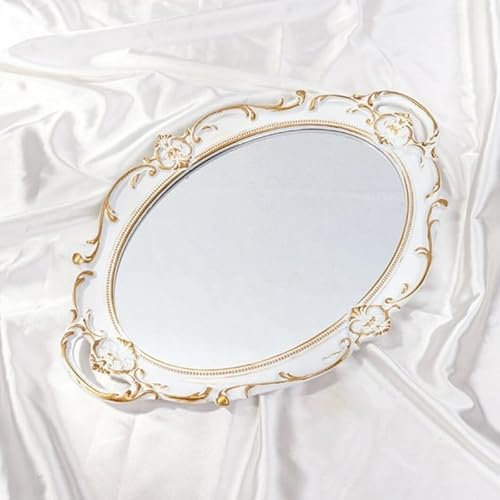 Plateau Miroir Décoratif avec Cadre Doré,Plateau de Rangement et Service pour Bijoux, Maquillage, Parfum, Miroirs Muraux et Plateau de Table pour Chambre à Coucher, Salon- 36x 24cm (blanc doré)