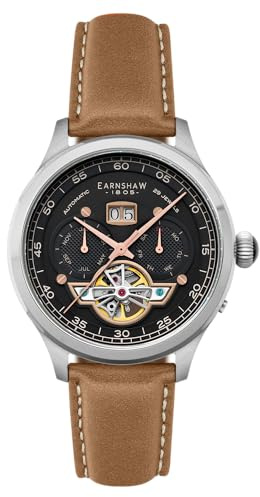 Thomas Earnshaw Herren-Armbanduhr ES-8187 mit offenem Herz, 43 mm, Baron Grand Datum, Kalender, offenes Herz, Automatikuhr mit Lederband, Abbey Black, Armband