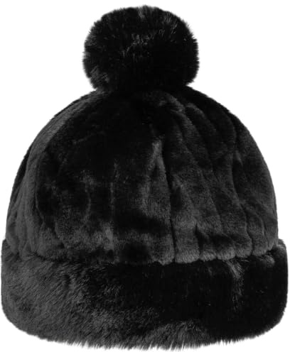 Seeberger Fake Fur Bommelmütze Fleecemütze Wintermütze Damenmütze Beanie Damen - mit Futter Winter Herbst-Winter - S (54-55 cm) schwarz