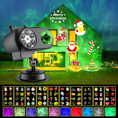 OBEST LED Projektor Weihnachten, 2-in-1 Außen&Innen Wasserdichte Halloween Projektor, Schneeflocken Projektionslampe mit 10 Folien 80 Muster 10 Welleneffekt für Weihnacht Allerheiligen Party Fest