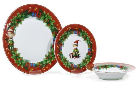 Servizio di Piatti Natalizi da 18 Pezzi per 6 persone con elfo joyfull in Porcellana rosso Perfetto per le Festività