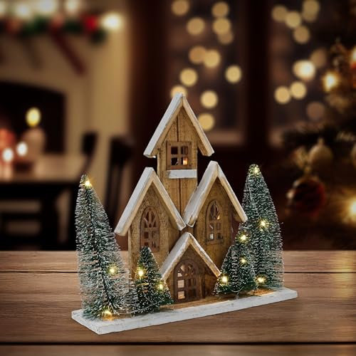 ECD Germany Holz-Weihnachtshaus mit LED-Beleuchtung, Warmweiß, 32x9x30 cm, batteriebetrieben, Timer, Deko Holzhaus 4 Tannen, Dekorative Winterhaus beschneit, Weihnachtsdeko Innen, Weihnachtsdekoration