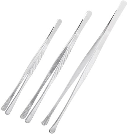 sourcing map 3Pcs Kitchen Tweezers Stainless Steel, 8/10/12 Inch Food Tongs Fine Cooking Tweezers Set Extra-Long Tweezer Tongs for Cooking Grill Baking BBQ, Silver Round Straight Clip