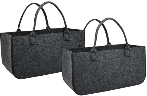 Eldzenith 2 Stück Filztasche groß Kaminholztasche Faltbar Filzkorb Kaminholzkorb Einkaufstasche Tragbarer Filztaschen Shopper holzkorb für kaminholz Zeitungen Holz, 50 x 25 x 25 cm, Rauchgrau
