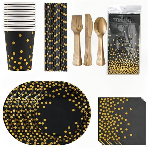 181 Stück Schwarzes-gold Partygeschirr fur 30 Gäste, geburtstagsdeko,Wiederverwendbar party geschirrsetSet,einschließlich Tischdecke Teller Becher Servietten zum Geburtstag,Hochzeiten,Jubiläums