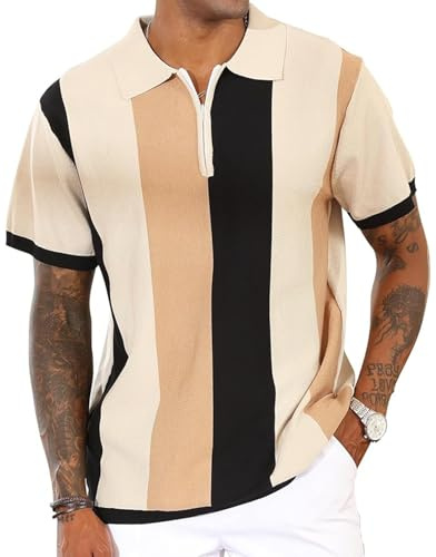 CTU Men's Fashion Polo Shirts Vintage Striped Knitting Shirts Casual Slim Fit Golf Shirts Apricot 3XL