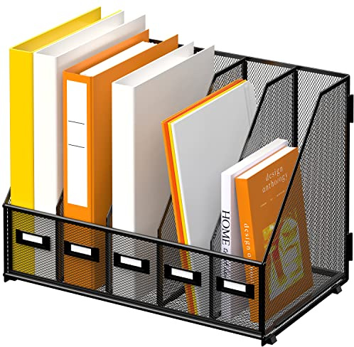 SUPEASY Schreibtisch Organizer Metall Schreibtisch Magazin Aktenhalter mit 5 vertikalen Fächern Rack Datei Organizer für Büro Desktop, Home Workspace, Schwarz