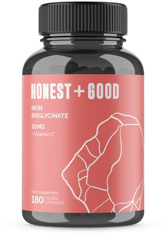 Honest + Good Iron Bisglycinate 20mg + Vitamin C 100mg (6 Month Supply) | 180 Vegan Capsules, Chelated for High Absorption, Pure, Natural & Gentle Supplement, Energy, Immune, Skin & Joint Support