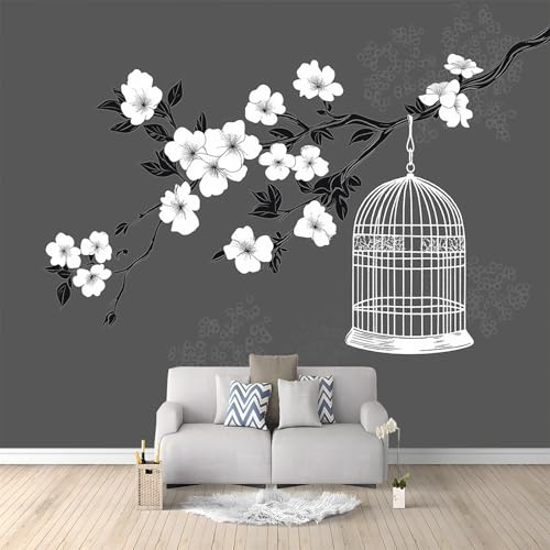Carta da parati Gabbia Per Uccelli Con Fiori Di Ciliegio Grigi 250x175 cm Murale Carta da parati Stampa 3D Moderna, Fotomurale Decora per Camera Letto, Soggiorno, Stanza Bambini