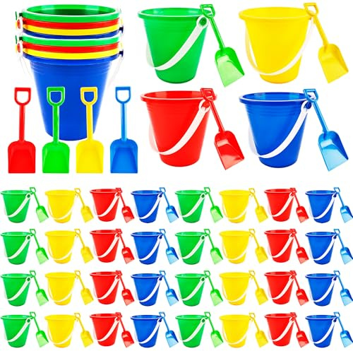 80 Pack Beach Bucket and Shovel Set Mini Plastic Buckets Sand Shovel Sand Pail Bulk for Kids Summer Seaside Beach Pool Party, 4 Colors