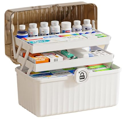 NUODWELL 3 Layer Medicine Storage Box, Portable First Aid Box, Household Medical Storage Basket, Medication Organiser with Compartments, for Craft, Tool, Medicine & Hair Accessories (White)