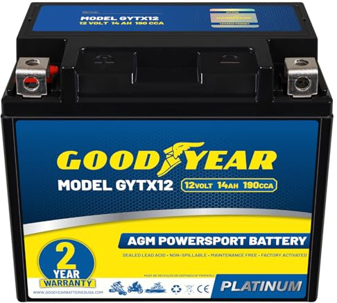 Goodyear GYTX12-12 Volt 14 AH, 190 CCA, Rechargeable High-Performance, Maintenance Free, SLA - AGM Battery for Motorcycle, ATV, UTV, 4-Wheeler, Snowmobile, Watercraft and more!