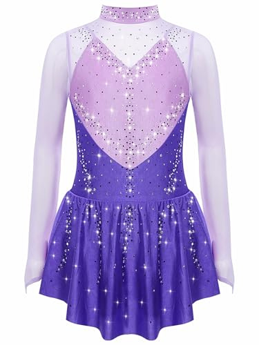 Xnihocha Robe De Patinage Artistique pour Filles Manches Longues Tenue De Compétition Patinage Artistique pour Enfants Mesh Patchwork Justaucorps avec Jupe Violet 9-10 Ans