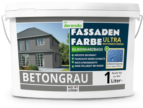 derendo Fassadenfarbe Grau ULTRA Silikonharzfarbe Betongrau aussen 1l | Für Putz Beton, Abperleffekt, wasserabweisend, UV-beständig, hohe Deckkraft, rissfüllend, diffusionsoffen, Made in Germany,