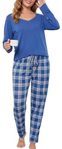 Vlazom Pyjama Femme Hiver Ensemble de Pyjama Manches Longues Col V Haut Uni et Pantalon à Carreaux Doux