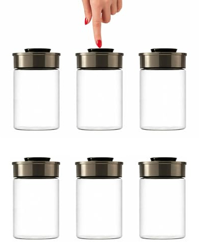 Set di 6 barattoli sottovuoto in vetro BURI da 1300 ml | Barattoli per alimenti in vetro con coperchio in acciaio inossidabile e meccanismo di clic sottovuoto | Ermetici, a prova di tarme, impilabili