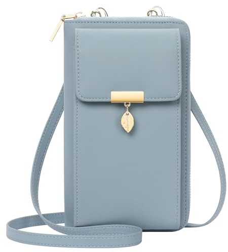 ENONEO Geldbörse Damen Handytasche zum Umhängen Leder PU Damen Umhängetasche Kleine RFID Schutz Handy Geldbeutel Frauen mit 12 Kartenfächer Handy Schultertasche Klein mit Reißverschluss (Blau)