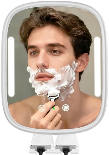 Heated Shower Mirror Fogless for Men, Rechargeable Anti-Fog Shaving Mirror No-Drilling -Adjustable Dimmable Lights with 2 Razor Holders & Detachable Adhesive Hook Waterproof for Bathroom(White)