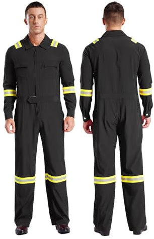LUYSGBXR Overoles for Hombre con Rayas Reflectantes de Alta Visibilidad, Monos Cuello Vuelto y Cremallera, Uniforme mecánico Trabajo(Black,4XL)