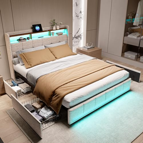 BRILVERDE Polsterbett 160x200 mit Bettkasten, Doppelbett mit Led Und Schubladen, 2 USB-AnschlüSsen und 1 Type-C-AnschlüSsen, Leinen Bettgestell mit Lattenrost (Beige, 160 × 200cm)