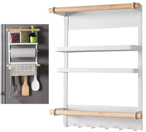 2you Magnetic Spice Rack for Fridge White with Kitchen Roll Holder Shelf and 6 Hooks, Utensil & Paper Towel Holder Kitchen Storage Organiser