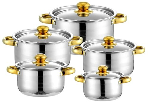 Cookware Set Stainless Steel Pot & Pan Sets 5 Pots with 5 Lids Double Handle Pot Cooking Pots Set Saucepan Gold-Plated Soup Tureen Sets 18/20/22/24/26cm Suitable for All Stovetops Induction