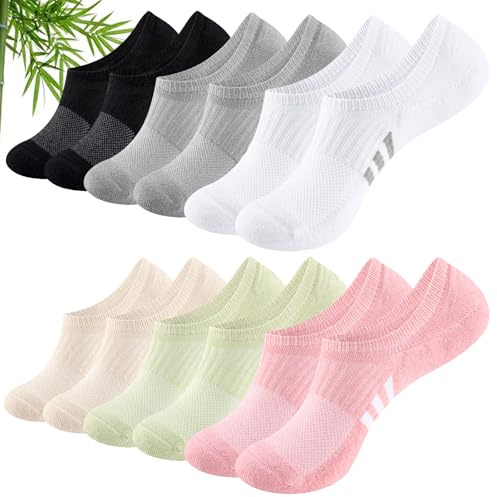 Stoeury Bamboo No Show Trainer Socks for Womens 6 Pairs, Low Cut Non Slip Sports Socks, Breathable Summer Invisible Ladies Ankle Sock for Walking, Running and Daily Use, Multi UK 6-8