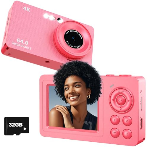 Appareil photo numérique 4K, autofocus 64 MP avec zoom 18, anti-tremblement, carte de 32 Go, appareil photo de voyage compact portable pour adolescents, adultes, débutants avec coque en métal, écran