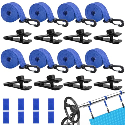 Enrollador de piscina – Bandas de sujeción – Juego de 8 bandas de fijación y accesorios de grapas para sistema de enrollado móvil – Lámina solar móvil para lonas de piscina, cubiertas (azul)