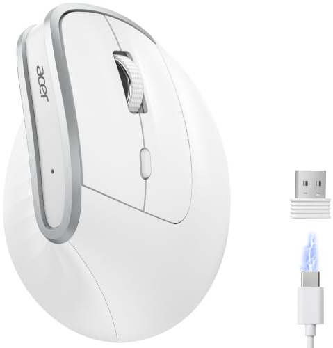 Acer 2.4G Ergonomische Maus, Vertikale Optische Maus Kabellos 1600 DPI, Wiederaufladbar Wireless Mouse, Funkmaus mit USB-A Empfänger für PC und Laptops, Kompatibel mit Windows, macOS, Linux usw-Weiß | Wiederaufladbar Wireless Mouse, Funkmaus mit USB-A Empfänger für PC und Laptops, Kompatibel mit Windows, macOS-Weiß