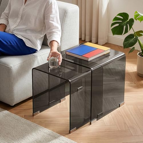[en.casa] Satztisch-Set Kariengem Dunkelgrau 2er Set Couchtisch aus gehärtetes Glas Beistelltisch Sofatisch Wohnzimmer