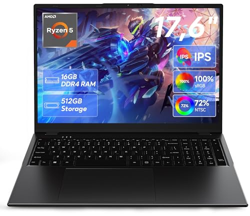 jumper 2026 Gaming Laptop 17,6 Zoll IPS 1920X1200, 16GB DDR4 RAM 512GB SSD, AMD R5 3500U(bis zu 3,7GHz), Leuchtende Tastatur, Leichte Business und Studenten Notebook, Vollfunktionale Typ-C/HDMI/WiFi6
