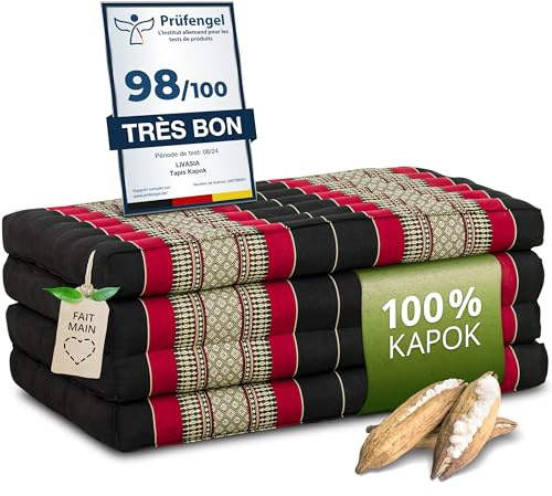 livasia Nachhaltige Klappmatratze aus Kapok - 200x80x8cm - Gästematratze, Faltbare Matratze für Van, ökologische Yogamatte, klappbares Gästebett, Liege für Garten und Balkon (Schwarz/Rot)
