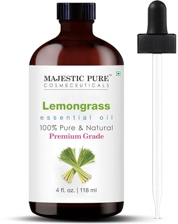 Majestic Pure Essential Oil with Glass Dropper - 100% Pure and Natural - Essential Oils for Diffuser, Aromatherapy, Soap and Candle Making, Lemongrass Essential Oil, Lemongrass Oil, 4 Fl Oz