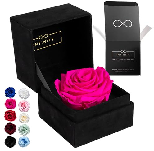 Infinity Flowerbox - 1 Echte Ewige Rose in aufklappbarer Rosenbox (3 Jahre haltbare konservierte Rose). Direkt in Geschenkbox als edles Geschenk für Frauen