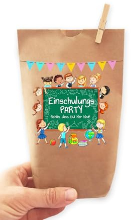 ♥ 6x EINSCHULUNG Party Geschenktüten ♥ Tüten liebevoll bedruckt aus Kraftpapier, zum Verpacken von Geschenken, Gastgeschenken, Mitgebsel, Giveaways, Kindergeburtstag, Hochzeit. 100% recyclebar!