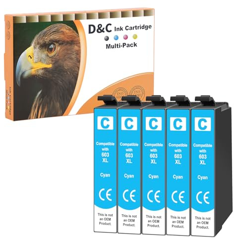 D&C 5X Cyan Druckerpatronen Kompatibel für Epson 603 XL für Epson Expression Home XP-2100 XP-2105 XP-3100 XP-3105 XP-4100 XP-4105 XP-4155 Workforce WF-2810DWF WF-2830DWF WF-2835DWF WF-2850DWF