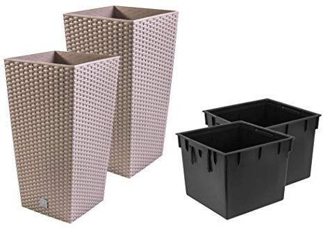 Stolmet Tall Square Planter Set of 2 Rattan Indoor/Outdoor Flower Pot + Insert in Set (11.5L, Mocca)