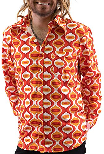 Comycom Chemise Homme des Années 70 Drops Orange - Chemise de Loisirs dans le Style des Années 70 en Tenue Rétro Parfaite pour la Prochaine Fête de Schlager, Orange multicolore., L