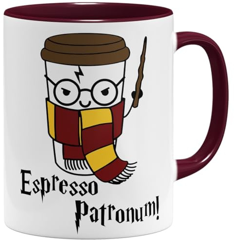 OM3® Espresso Patronum Kaffee-Tasse mit Zauberspruch | Keramik Becher | 11oz 325ml | Beidseitig Bedruckt | Bordeaux