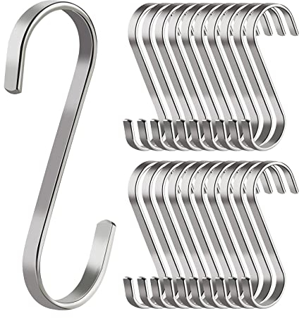 ilauke 20er Pack S-Haken Flach Edelstahl S-förmige Multifunktions Küchenhaken aus Edelstahl für Aufhängen Küchengeräte Utensilien Handtücher Kleidung Pflanzen Gartengeräte-bis 10kg Belastbar (Silber)