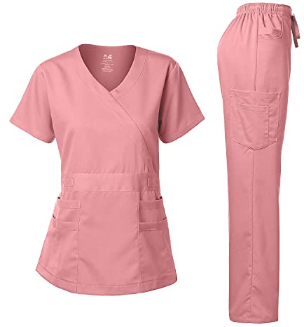 Dagacci Medical Uniform Women's Scrubs Set Stretch Ultra Soft Y-Neck Wrap Top and Pants Powder Pink M