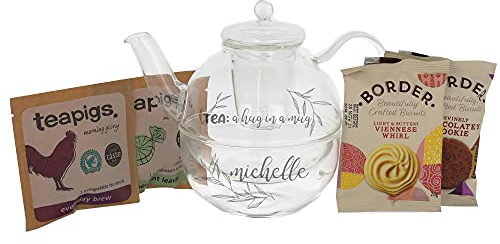 Personalised Engraved Tea Pot Hug in a Mug Tea for One Set with Cup and Built in Strainer (Set with Tea & Biscuits)
