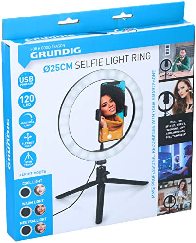 Grundig Selfie Ringlicht auf Stativ - Ringleuchte - für Smartphone - Social Media und Vlogs - LED - flexibel - 25 cm