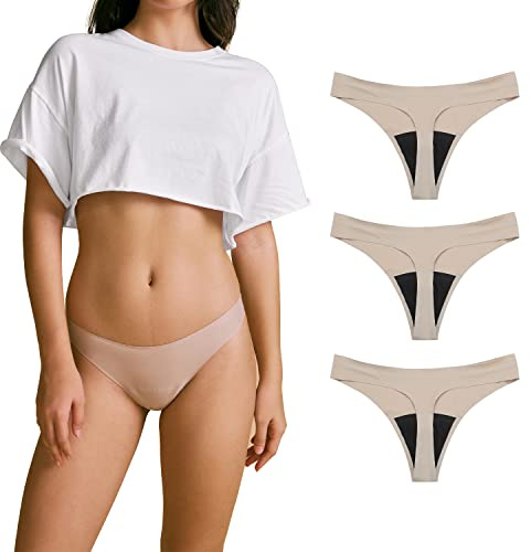 SHARICCA Women Postpartum Period Thongs 4 Layers Leakproof Underwear Panties for teen ladies 3 Pack (Beige 3pack, L)