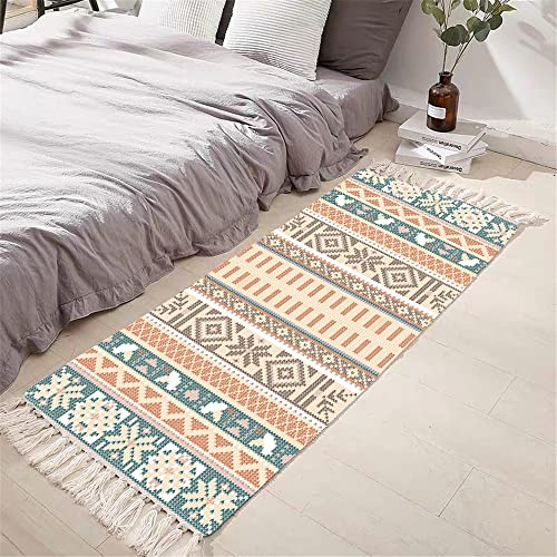 Morbuy Alfombra Tejida a Mano con Borlas, Alfombra Exótico Estampada Geométrico Boho Antideslizante Lavable Decorativo Moqueta para Pasillo Sala de Estar Dormitorio (Beige,90x180cm)