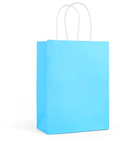 25 Stück Papiertüten Klein, Geschenktüten mit Henkel. 130gsm recycelte Kraftpapier Tüten Papiertragetaschen. Für Kindergeburtstag Hochzeiten Valentinstag Muttertag Weihnachten Partys 21x8x15cm (Blau)