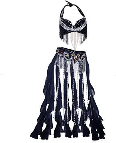 BAtlam Fransenband Bauchtanz BH Gürtel Frauen Bauchtanz Set Karneval Bauchtanz Kostüme Bauchtanz Outfit Halfter BH Gürtel Anzug (Schwarz S)