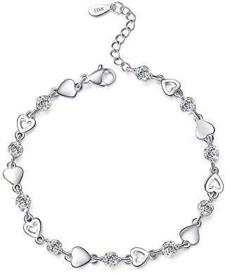 EXGOX Sterling Silver Heart Bracelet for Women - Dainty 925 Silver With Shiny Crystal Diamond, Adjustable Love Heart Design for Girls, 6.5 Inch