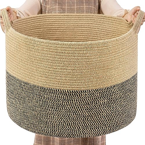 Extra Large Laundry Hamper Woven Baskets for Storage Blanket Basket Living Room Wicker Storage Basket for Organizing Jute Large Baskets for Toy Pillow Shoe, 55x35cm, Black Jute